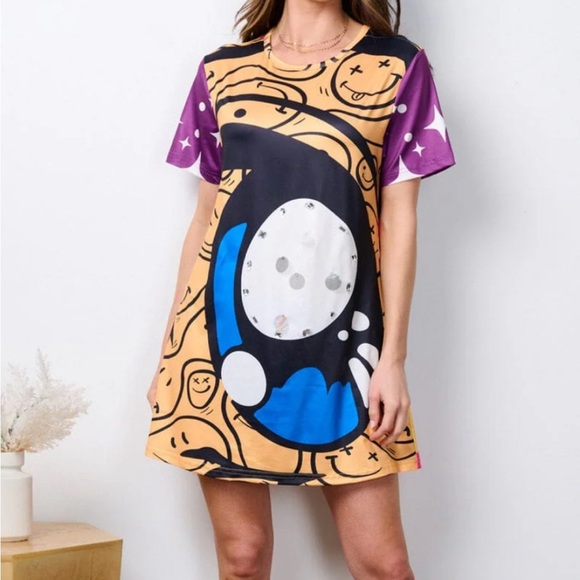 WOMEN'S SHORT SLEEVE TUNIC GRAPHIC MULTI PRINT MINI DRESS - Picture 2 of 3